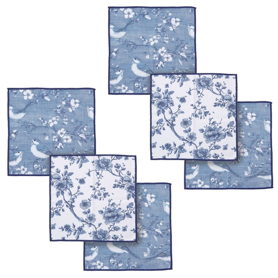 RITZ Birds & Branches Microfiber Dish Cloth Set, 6-Piece, Blue & White Toile Botanical Pattern, 12" x 12", 80% Recycled