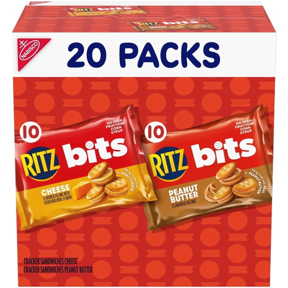 RITZ Bits Cheese and Peanut Butter Sandwich Crackers Variety Pack, Lunch Snacks, 20 Snack Packs