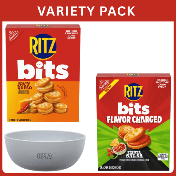 RITZ Bits Fiesta Salsa & Spicy Queso Cheese Cracker Sandwiches Snack Variety Pack ,17.6 Oz Total Weight, Variety Pack with Bowl by OMA.