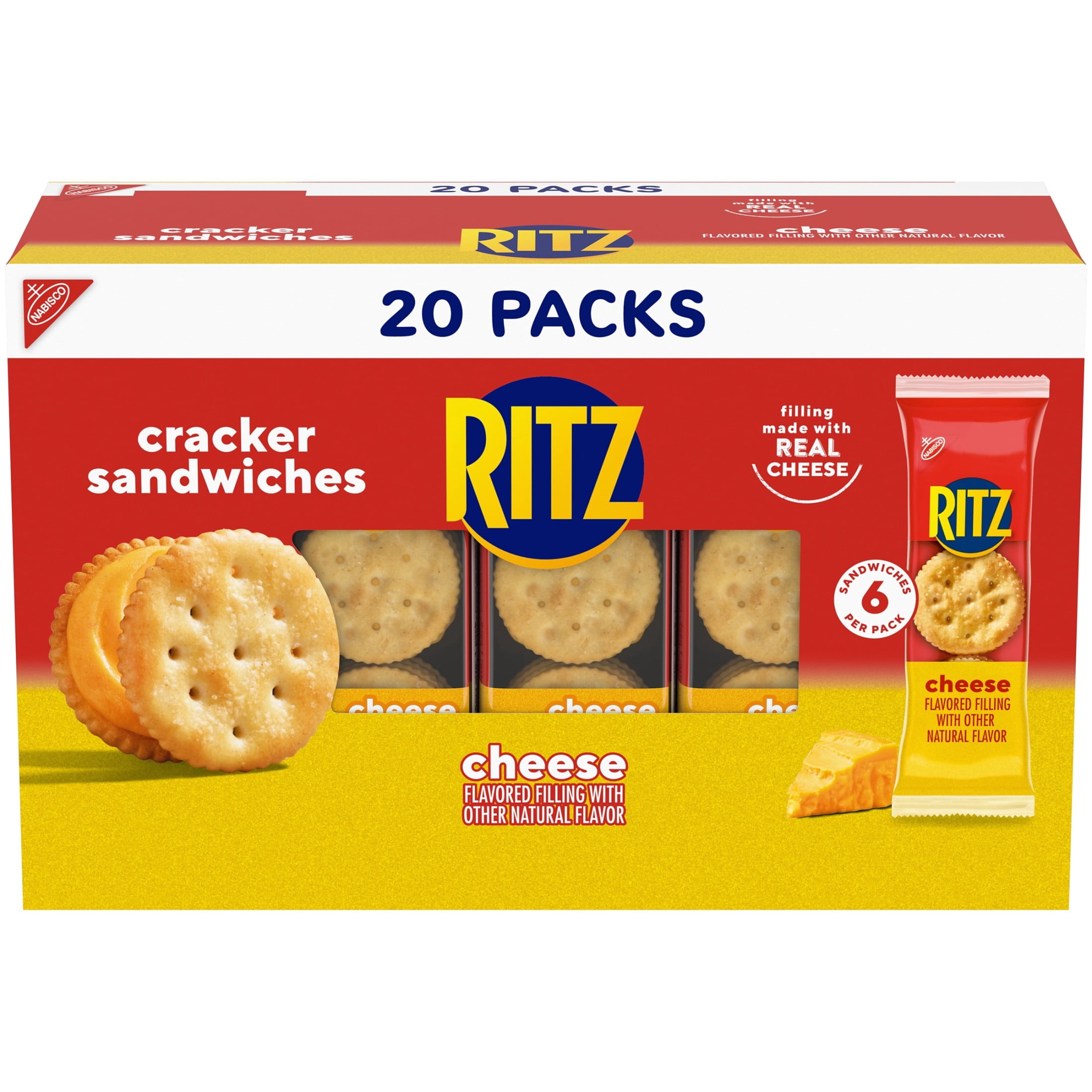 RITZ Cheese Sandwich Crackers, Lunch Snacks, 20 Snack Packs (6 Crackers Per Pack)