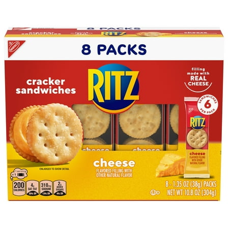 RITZ Cheese Sandwich Crackers, Lunch Snacks, 8 Snack Packs (6 Crackers Per Pack)