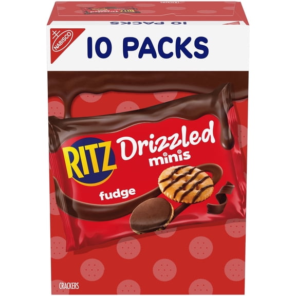 RITZ Drizzled Minis Fudge Crackers, Bulk Lunch Snacks for Kids and Adults, 10 - 0.9 oz Snack Packs