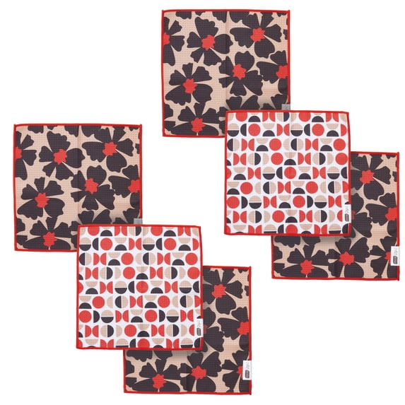 RITZ Flowers & Moons Microfiber Dish Cloth Set, 6-Piece, Retro Mid-Century Botanical & Geometric Pattern, 12" x 12", 80% Recycled