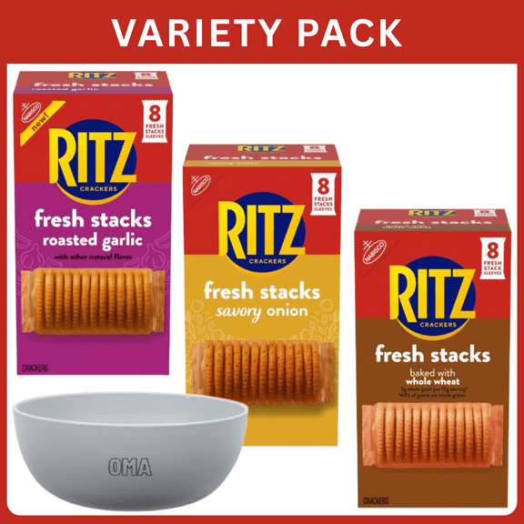 RITZ Fresh Stacks Roasted Garlic, Savory Onion & Whole Wheat Crackers Variety Pack ,34.9Oz Total Weight ,Snack Crackers with Bowl by OMA.