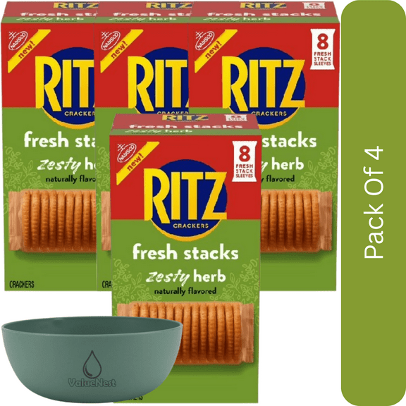 RITZ Fresh Stacks Zesty Herb Crackers, Travel Snacks, 11.8 oz (8 Multi Snack Packs)-4pk, With Olive Green Bowl By ValueNest