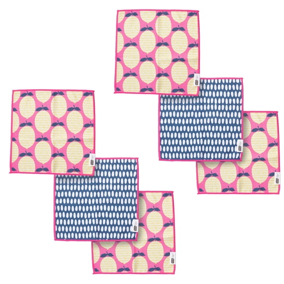 RITZ Lemon & Speckle Microfiber Dish Cloth Set, 6-Piece, Retro Citron Grove & Navy Dash Pattern, 12" x 12", 80% Recycled