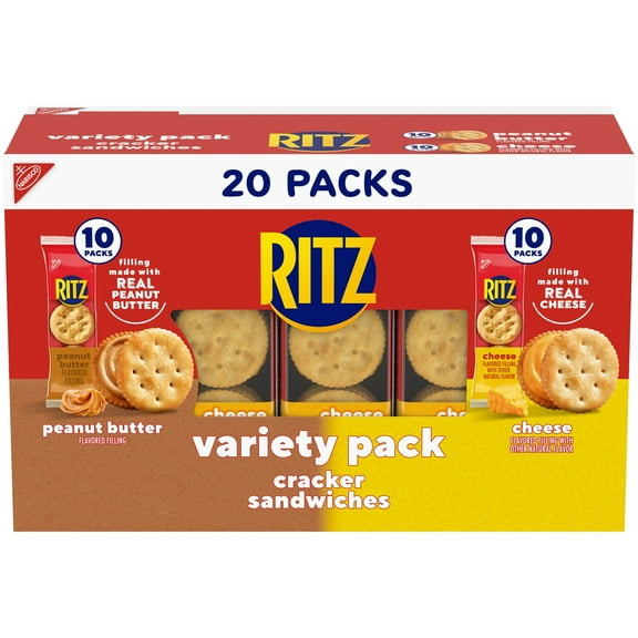 RITZ Peanut Butter and Cheese Sandwich Crackers Variety Pack, Lunch Snacks, 20 Snack Packs