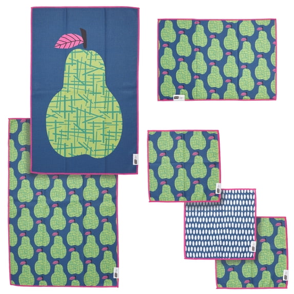 RITZ Pear Microfiber Kitchen Set, 6-Piece, Retro Botanical Orchard, Includes Dish Drying Mat, Waffle Weave Towels & Dish Cloths, 80% Recycled
