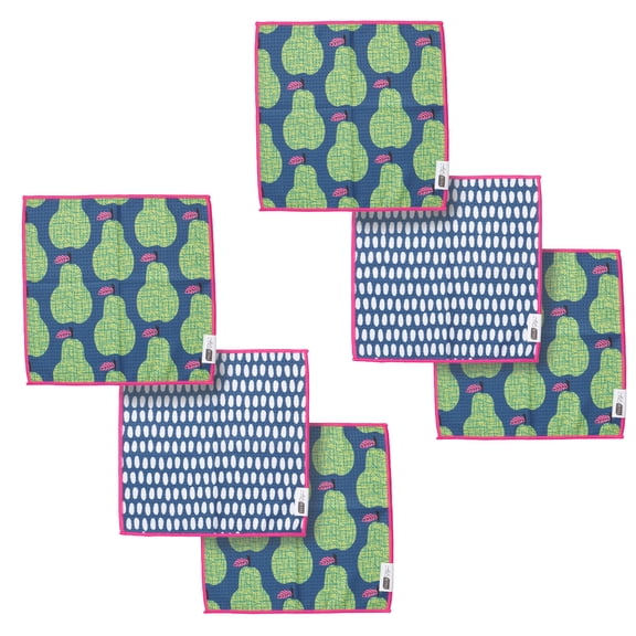 RITZ Pear & Speckle Microfiber Dish Cloth Set, 6-Piece, Retro Orchard & Navy Dash Pattern, 12" x 12", 80% Recycled