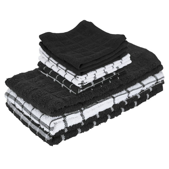 RITZ 3-Pack Terry Check Kitchen Towel Set and 6-Pack Terry Check Dish Cloth Set, Black