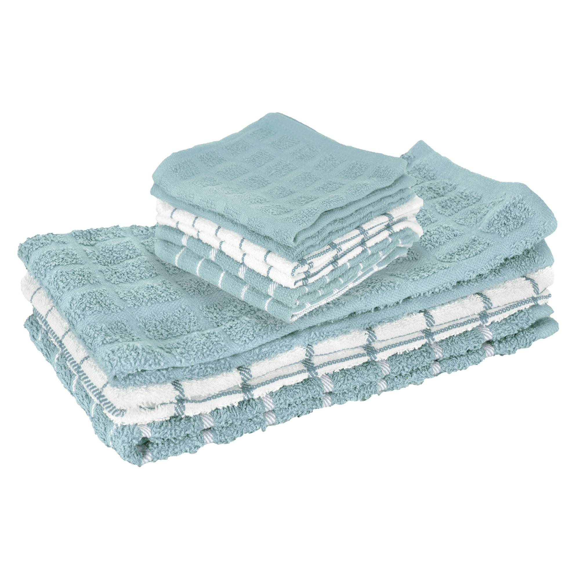 RITZ 3-Pack Terry Check Kitchen Towel Set and 6-Pack Terry Check Dish Cloth Set, Dew