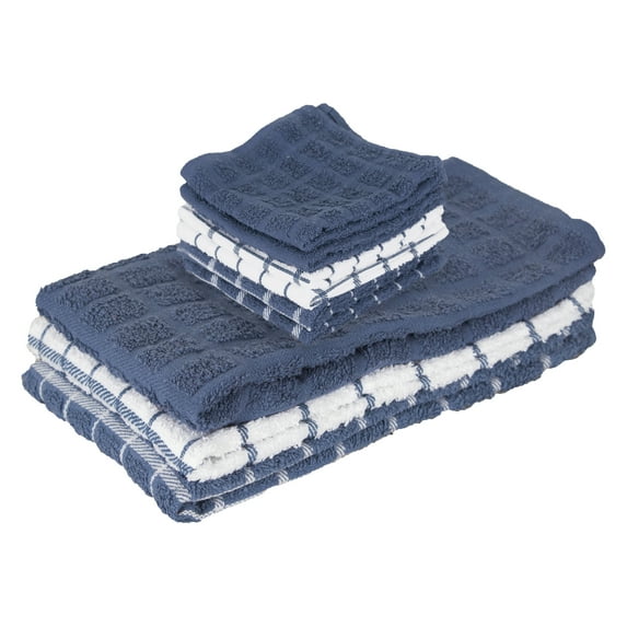 RITZ 3-Pack Terry Check Kitchen Towel Set and 6-Pack Terry Check Dish Cloth Set, Federal Blue