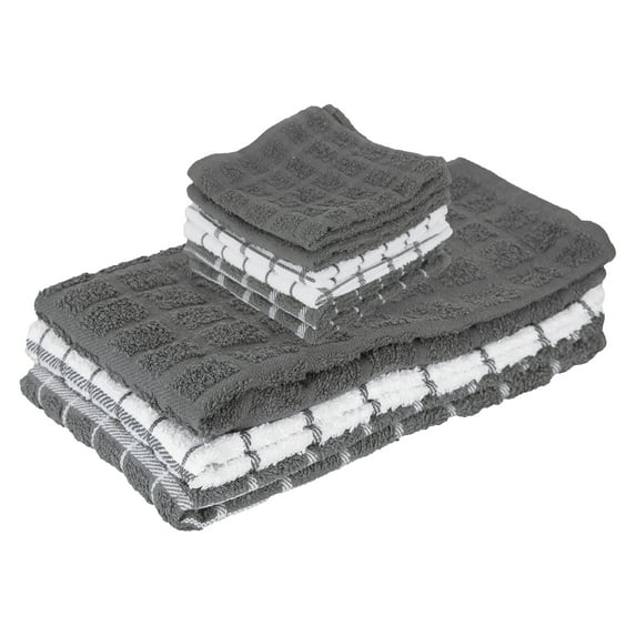 RITZ 3-Pack Terry Check Kitchen Towel Set and 6-Pack Terry Check Dish Cloth Set, Grey