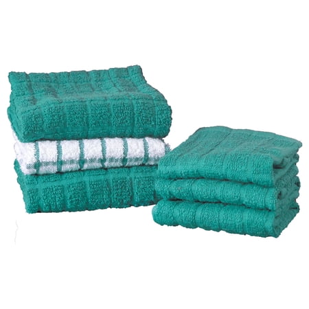 RITZ Terry Kitchen Towel and Dish Cloth, Set of 3 Towels and 3 Dish Cloths, Teal