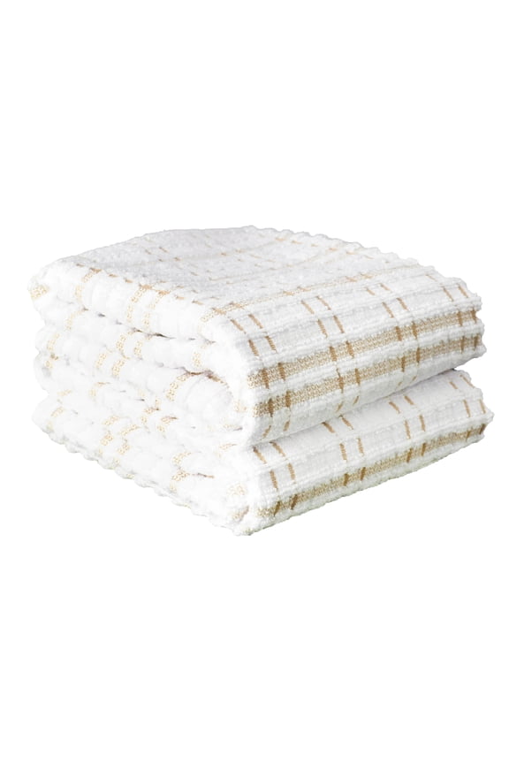 Royale Collection 100% Combed Terry Cotton, Oversized Kitchen Towel Set, 2-Pack, Check, Straw