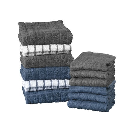 RITZ Variety 12-Pack Checked and Solid Kitchen Towel and Dish Cloth Set, Federal Blue/Graphite