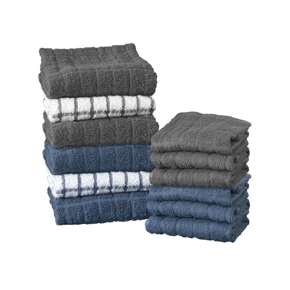 RITZ Variety 12-Pack Checked and Solid Kitchen Towel and Dish Cloth Set, Federal Blue/Graphite