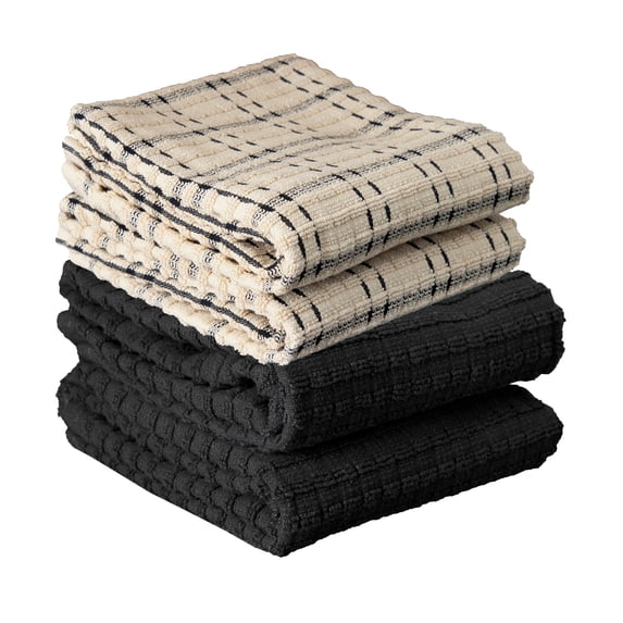 RITZ Royale Collection 100% Combed Terry Cotton, Oversized Kitchen Towel Set, 4-Pack, Solid & Coordinate, Black