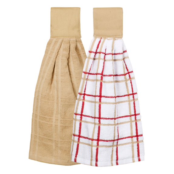 RITZ Solid and Multi Check Kitchen Tie Towel, Set of Two, Biscotti