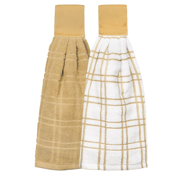 RITZ Solid and Multi Check Kitchen Tie Towel, Set of Two, Straw