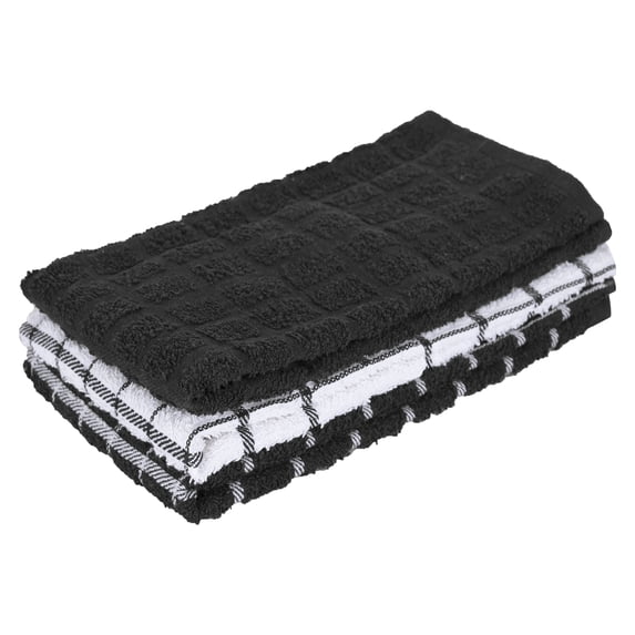 RITZ Terry Check Kitchen Towel Set, 3-Pack, 15" x 25", Black