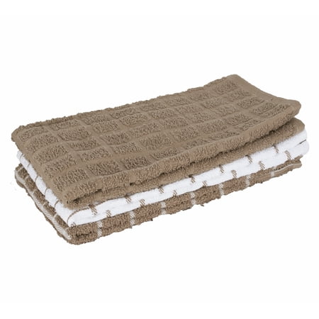 RITZ Terry Check Kitchen Towel Set, 3-Pack, 15" x 25", Mocha