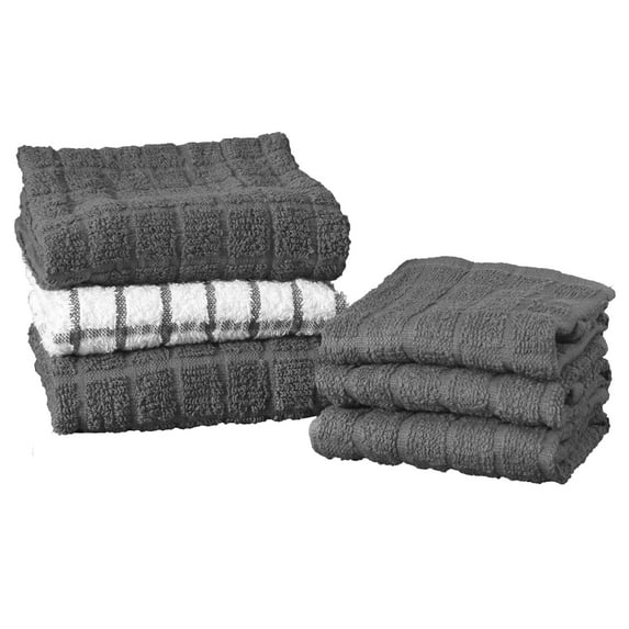 RITZ Terry Kitchen Towel and Dish Cloth, Set of 3 Towels and 3 Dish Cloths, Graphite