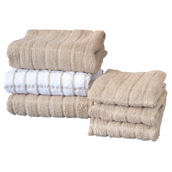 RITZ Terry Kitchen Towel and Dish Cloth, Set of 3 Towels and 3 Dish Cloths, Putty