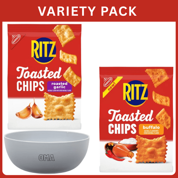 RITZ Toasted Chips Buffalo 8.1 oz & RITZ Toasted Chips Roasted Garlic 8.1 oz, Variety Pack with Bowl by OMA.