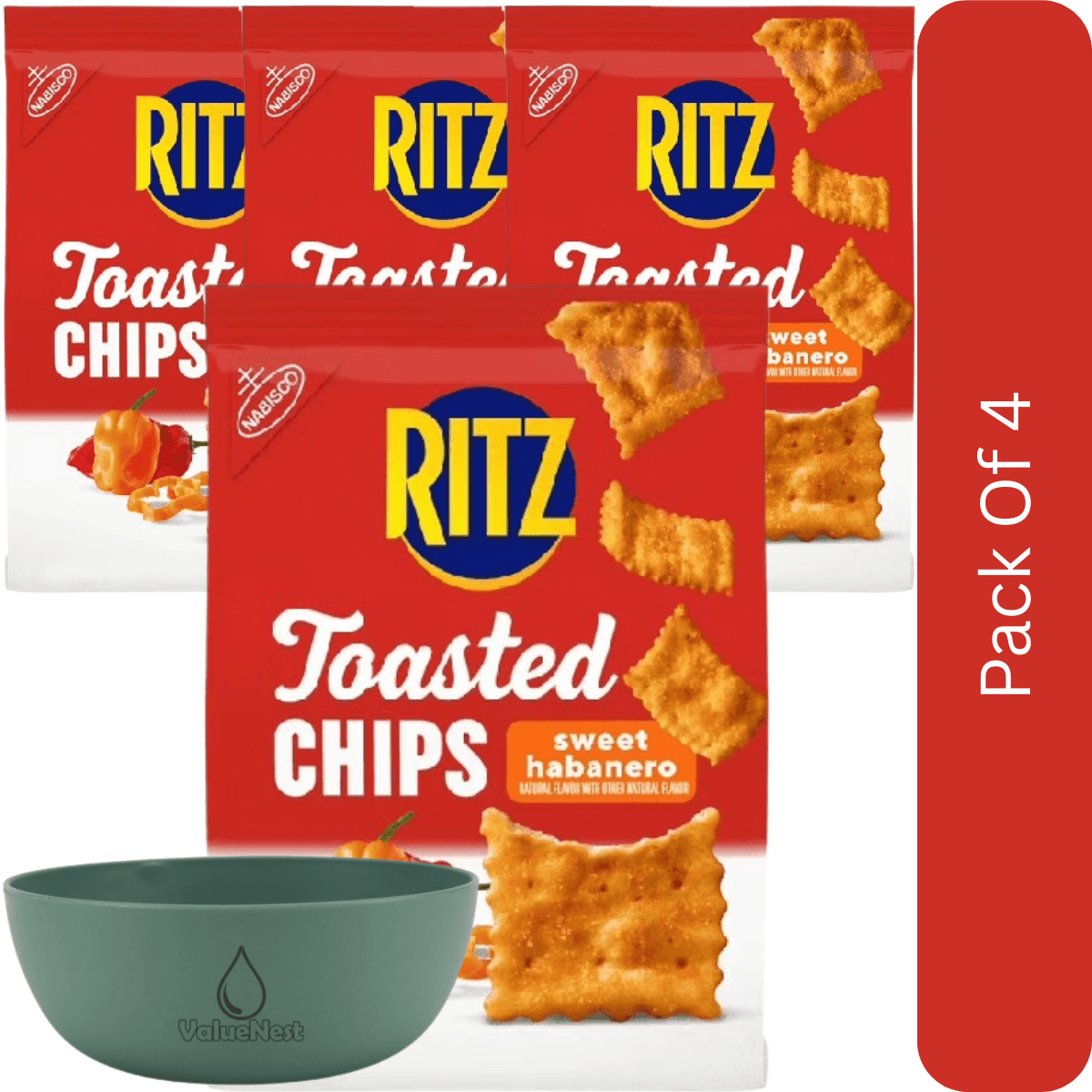 RITZ Toasted Chips Honey BBQ Crackers, Party Snacks, 8.1 oz-4pk, With Olive Green Bowl By ValueNest
