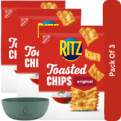 RITZ Toasted Chips Original Crackers, Party Snacks, 8.1 oz-3pk, With Olive Green Bowl By ValueNest