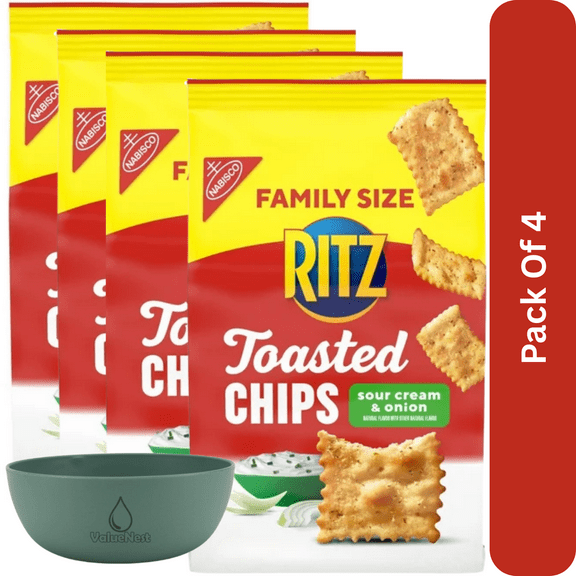 RITZ Toasted Chips Sour Cream and Onion Crackers, Family Size, 11.4 oz Party Snacks, With Olive Green Bowl By ValueNest
