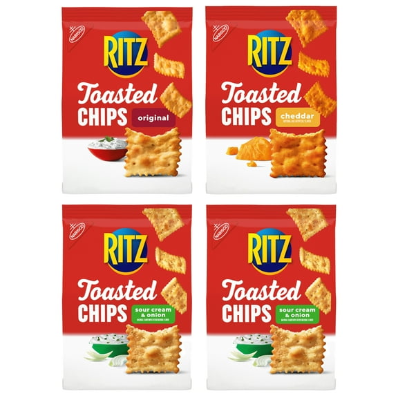 RITZ Toasted Chips Variety Pack, Cheddar, Sour Cream & Onion, & Original Crackers, Bulk Snacks, 4 Ct