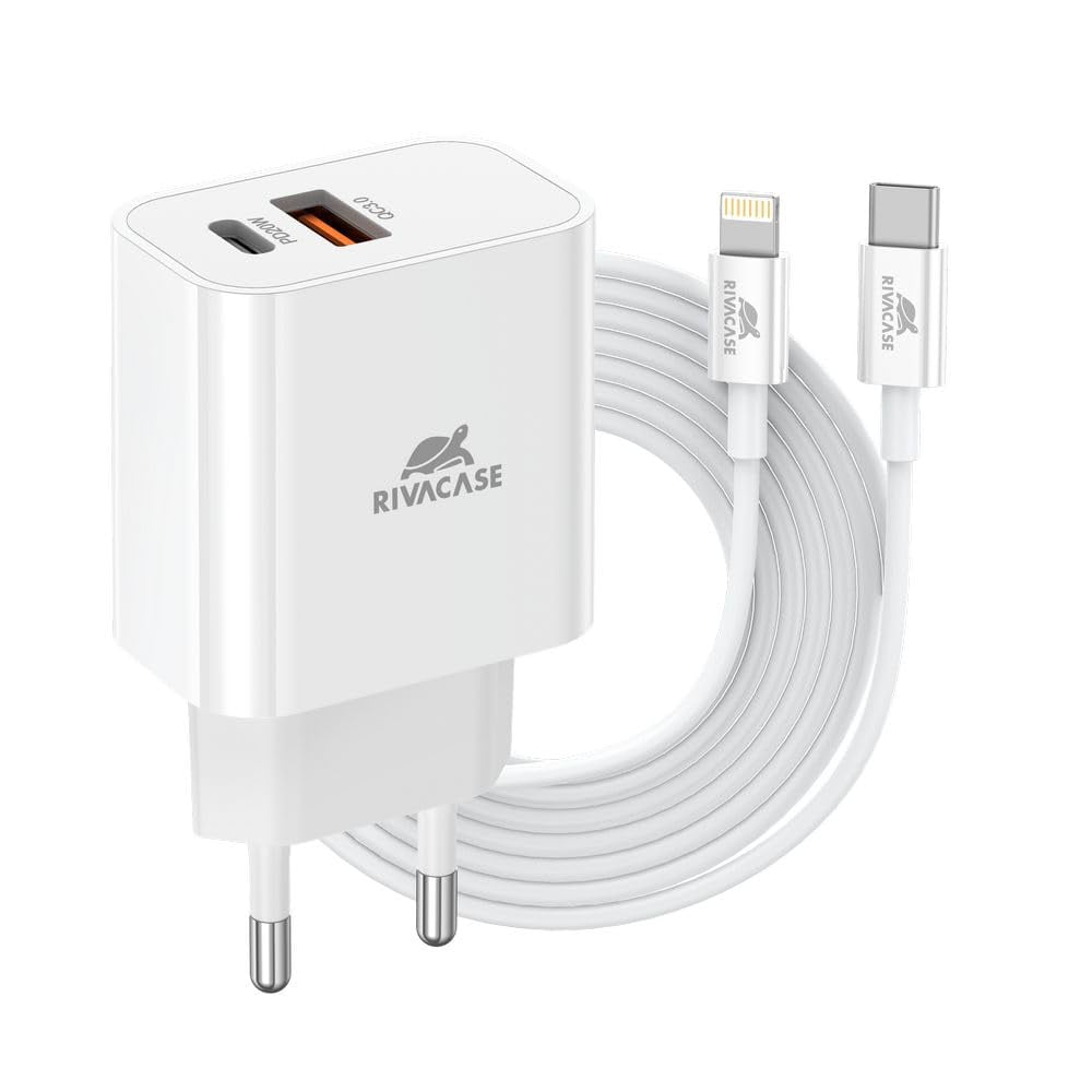 RIVACASE PS4102 WD5 Caricabatterie con cavo Lightning Type-C – 20W PD, QC3.0, 2 porte Type-C e