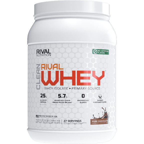 RIVAL NUTRITION Clean Rival Whey Pure Chocolate Protein Powder I Whey Isolate Primary Source I 2 Lb, 27 Servings I No Artificial Flavors or Colors I 25g Protein Per Scoop | Muscle Recovery