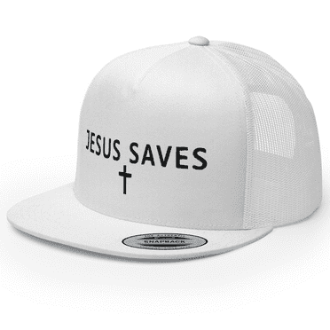 RIVEMUG NX Jesus Saves Cross Embroidered Flat Bill Trucker Hat High Crown Adjustable Christian Cap (White)