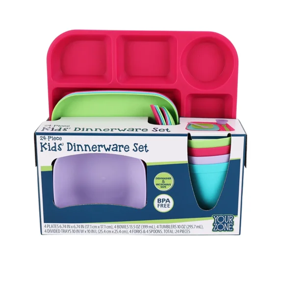 RIVEN- 24-Piece Plastic Dinnerware Set With 4 Trays, Bowls, Plates, Cups, Forks, Spoons