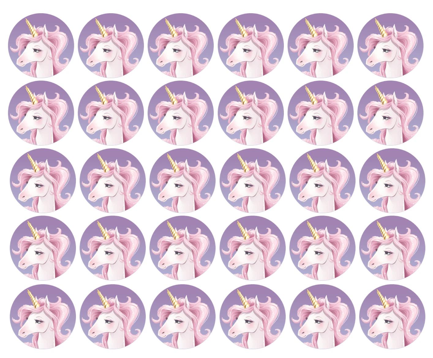 RIVEN- 30X Mini Purple Unicorn Edible Circle Cupcake Cake Toppers Fairy Decoration
