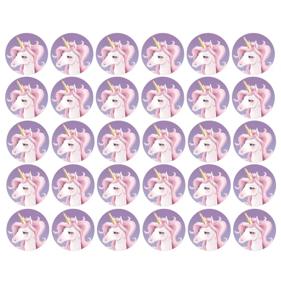 RIVEN- 30X Mini Purple Unicorn Edible Circle Cupcake Cake Toppers Fairy Decoration