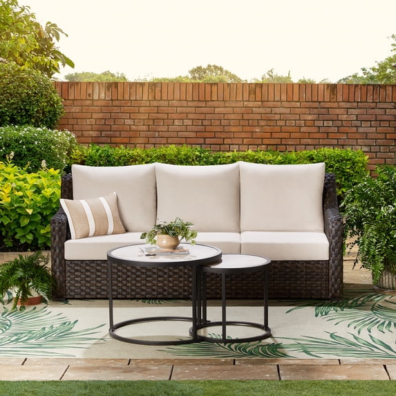 Better Homes & Gardens River Oaks Outdoor Sofa & 2 Nesting Tables with Patio Cover, Dark Brown