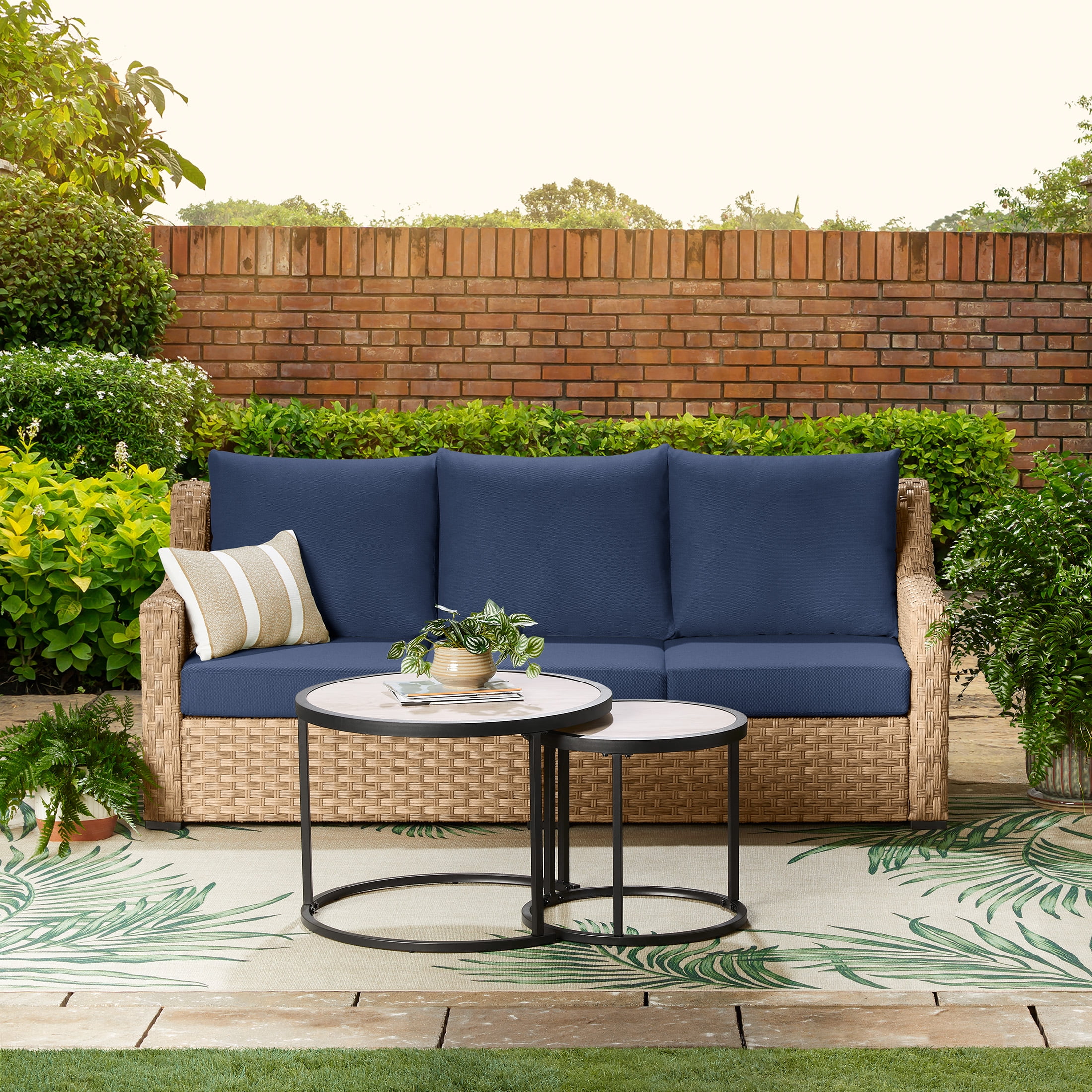 Better Homes & Gardens River Oaks Outdoor Sofa & 2 Nesting Tables with Patio Cover, Navy