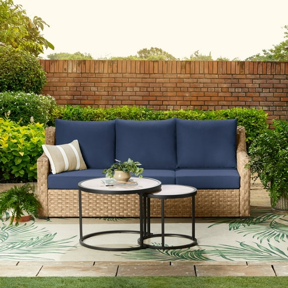 Better Homes & Gardens River Oaks Outdoor Sofa & 2 Nesting Tables with Patio Cover, Navy