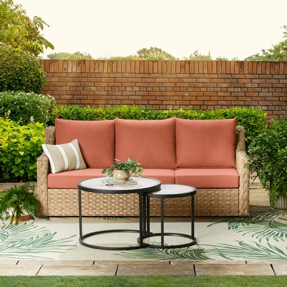 Better Homes & Gardens River Oaks Outdoor Sofa & 2 Nesting Tables with Patio Cover, Red