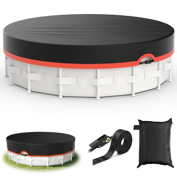 Agricasst 10Ft Round Pool Cover, 420D Solar Pool Covers for Above Ground Pool with Strap & Drawcord Tightener, Inflatable Pool Cover for UV Resistant, Waterproof, Snowproof & Windproof, Orange