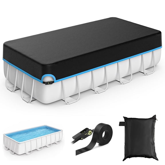 RIVERGRIT 10X16Ft Rectangular Pool Cover, 420D Oxford Solar Pool Cover for Above Rectangle Pools W/Strap & Drawcord Tightener, All Season Inflatable Pool Cover for UV Resistant Waterproof Windproof
