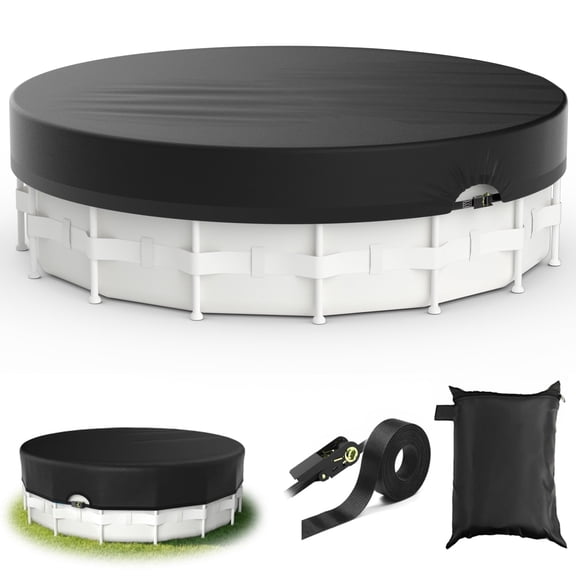 Agricasst 12FT Round Pool Cover, 420D Solar Pool Covers for Above Ground Pool with Strap & Drawcord Tightener, Inflatable Pool Cover for UV Resistant, Waterproof, Snowproof & Windproof, Black