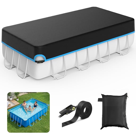 Agricasst 12X24FT Rectangular Pool Cover, 420D Solar Pool Covers for Above Ground Pool with Strap & Drawcord Tightener, Inflatable Pool Cover for UV Resistant, Waterproof Snowproof & Windproof, Blue