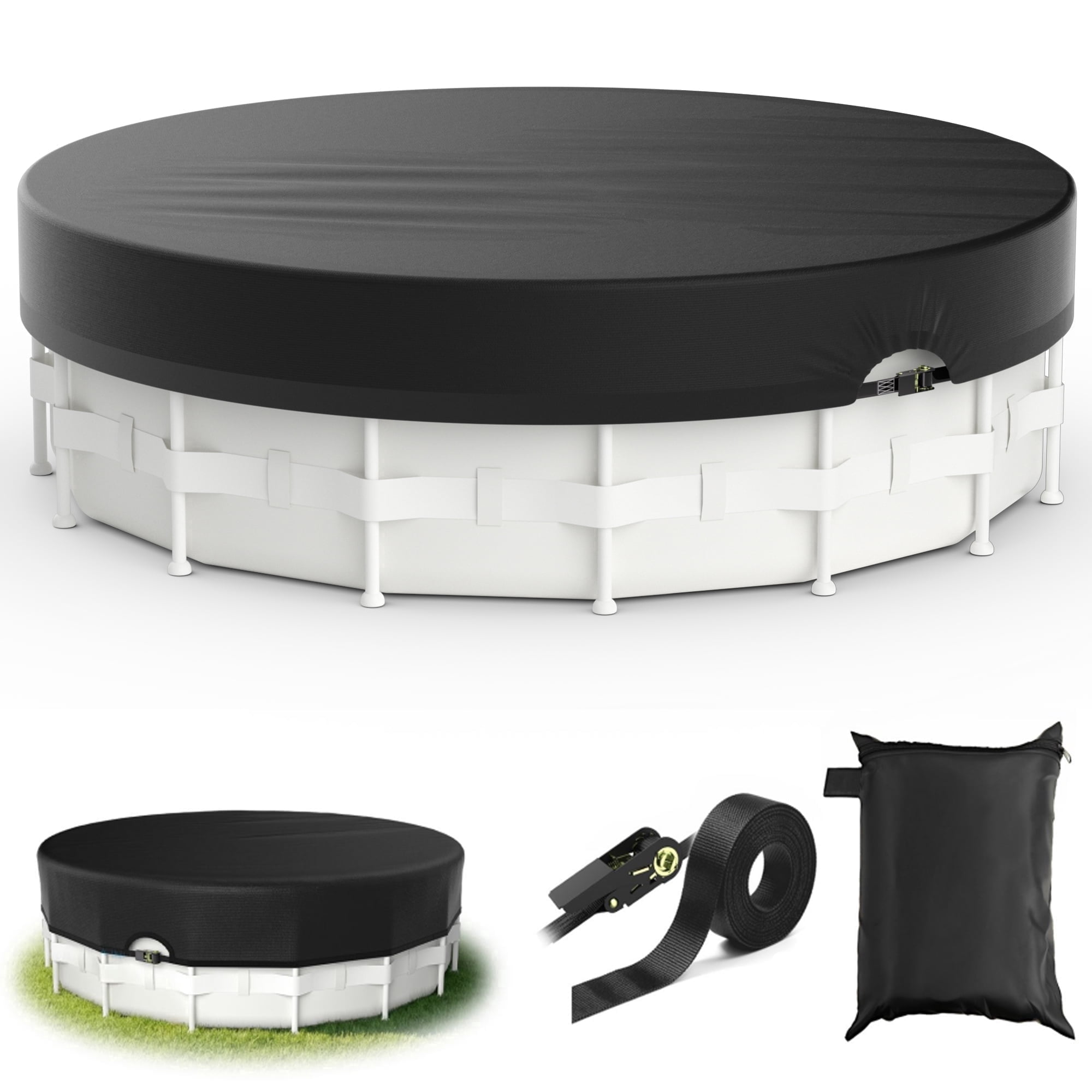 Agricasst 14FT Round Pool Cover, 420D Solar Pool Covers for Above Ground Pool with Strap & Drawcord Tightener, Inflatable Pool Cover for UV Resistant, Waterproof, Snowproof & Windproof, Black