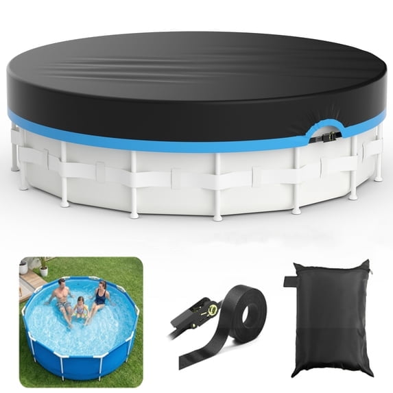 RIVERGRIT 14Ft Round Pool Cover, 420D Oxford Solar Pool Cover for Above Ground Pools with Strap & Drawcord Tightener, All Season Inflatable Pool Cover for UV Resistant Waterproof Snowproof Windproof