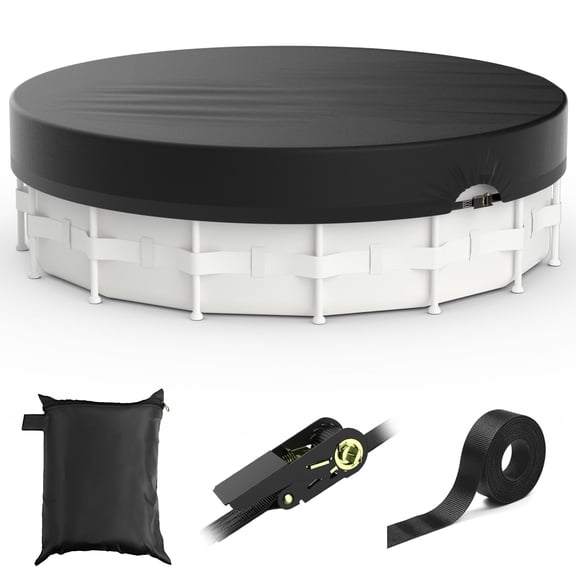 Agricasst 15FT Round Pool Cover, 420D Solar Pool Covers for Above Ground Pool with Strap & Drawcord Tightener, Inflatable Pool Cover for UV Resistant, Waterproof, Snowproof & Windproof, Black